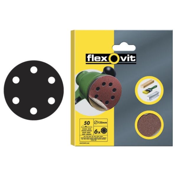 Flexovit Hook & Loop Sanding Disc 150mm Coarse 50G (Pack 6)
